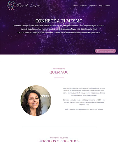 Foto do site Rafaela Laefara - banner principal no tom de roxo com imagem de um campo energico - frase do banner: Conhece a Ti Mesmo