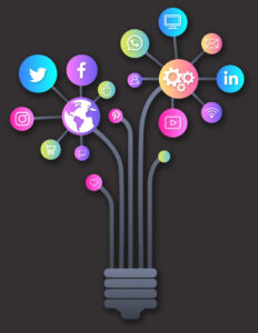 Imagem de um bocal com lâmpadas em formato de ícones de redes sociais e plataformas online