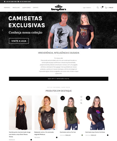 Foto da home do site Baylon, com fotos de roupas estampadas. texto do banner superior. Camisetas Exclusivas.