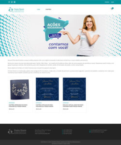 Foto da home do site de venda de cart~es do Froien Farain, banner superior com foto de mulher e escrito ações solidarias, contamos com você. foto de 3 cartões a venda na vitrine do site