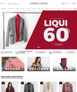 Foto da home do site Zipper Zipper, com fotos de roupas femininas. banner principal com um blazer cinza e texto Liqui 60%