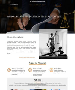 Foto da home do site Zuchen Advogados contei a imagem de uma balança e titulo do banner é Advocacia especializada em direito civil.