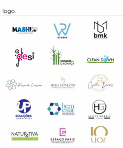 Mídias - foto contendo diversas logos desenvolvidas pela conexione para marcas como Mashup, mundo da cachaça, Bem Estar, Naturativa, Cleandown e outras